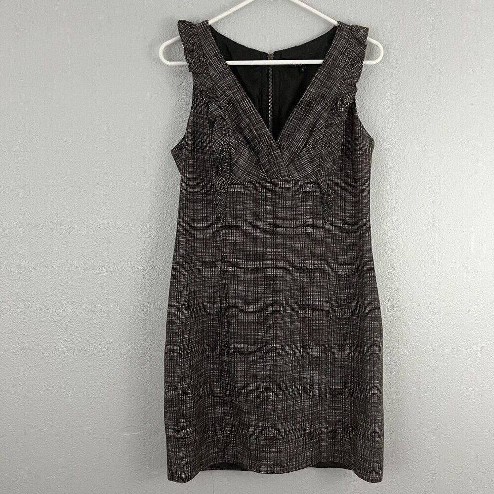 Cynthia Steffe Brown Tweed Sleeveless Ruffle Faux Wrap Neckline Shift Dress 8